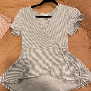 V-neck mock-wrap/tie blouse